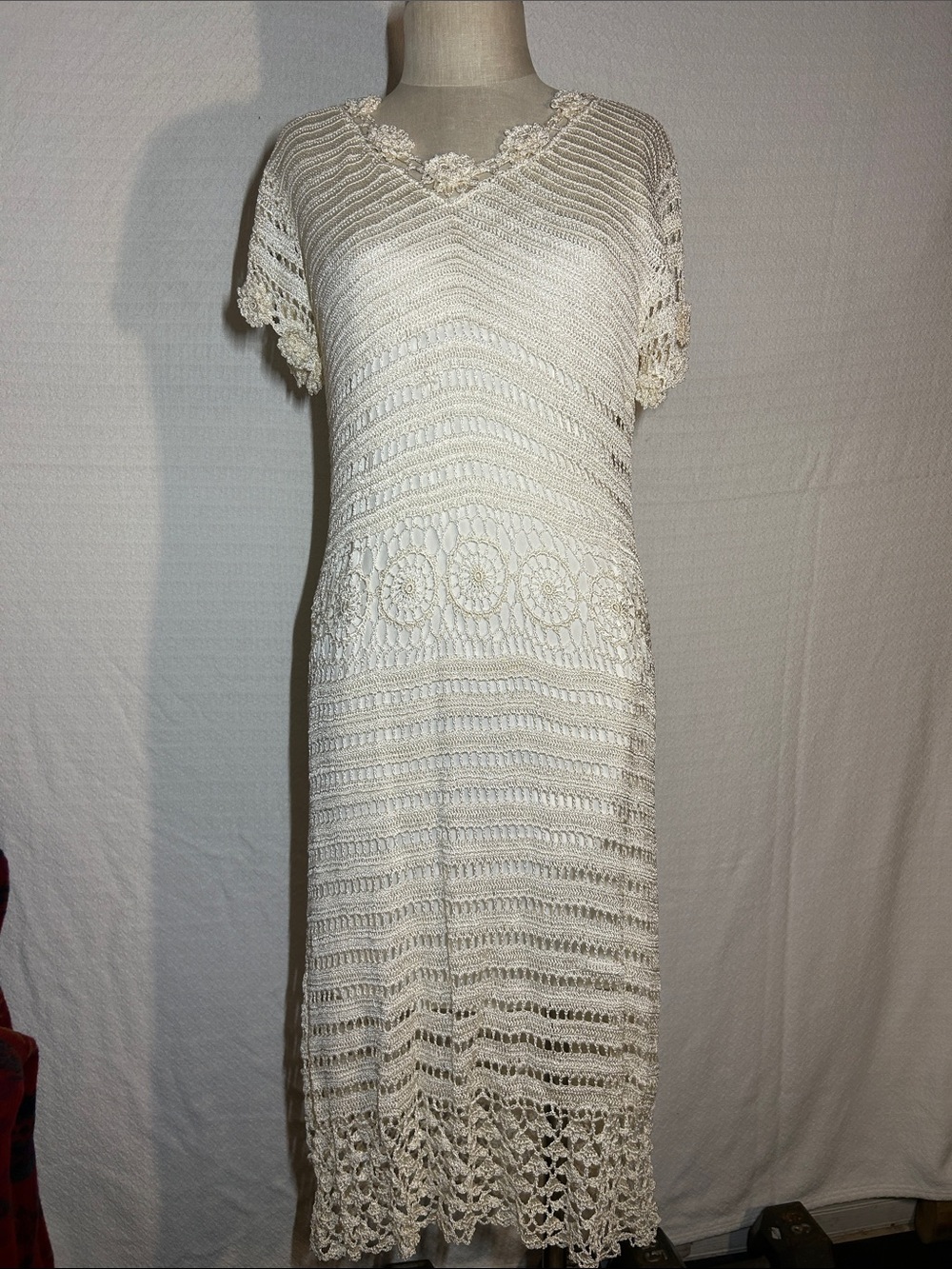 Cream Crochet Maxi Dress with Floral Trim